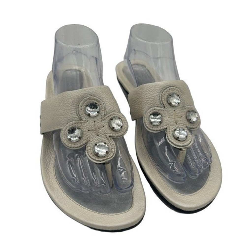Ron White Wedge Thong Sandals Women's Size 40 9.5 Cream Leather Crystal